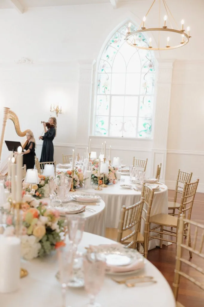 Solenne harp and violin duo performing at a wedding reception